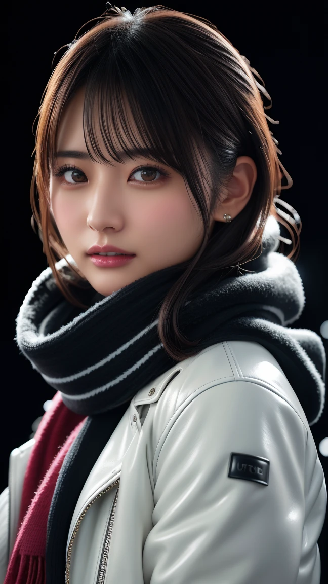 ((Great style)), Japanese women、Realistic、Beautiful attention to detail、Hyperrealism、High Contrast、Ultra HD、Realistic skin texture、Best image quality、Highest quality、Ultra-high resolution、Fine details、White scarf, Black leather jacket, Christmas lights in the background, thin, night, 