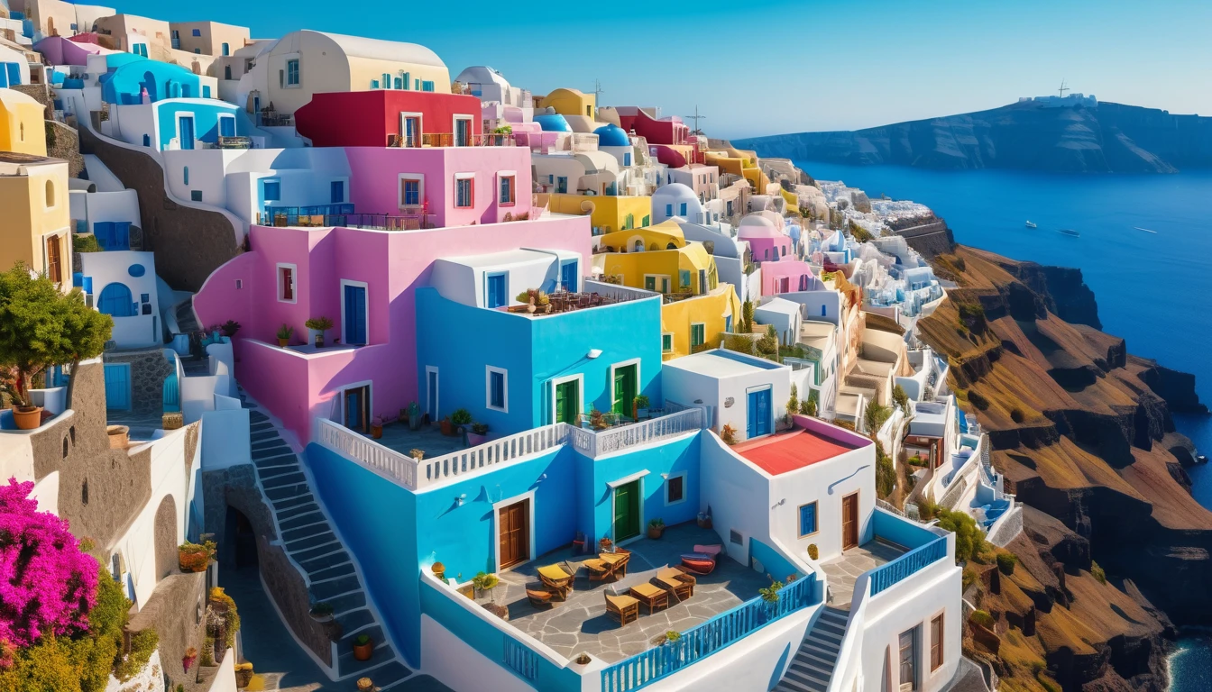 aerial front view Santorini Greece, multi color house blue cyan pink green yellow red, daylight, Mediterranean landscape, Greek fantasy panorama, Greek architecture, Greek fantasy, incredibly beautiful, Greek style, Mediterranean city, breathtaking image, masterpiece artwork, 8k, 16k, best quality, high detail, high quality, super detail, high resolution hyper realistic, 8K, photorealistic, extreme detail, ( best quality, 4k, 8k, high resolution, masterpiece: 1.5), ultra detailed, (realistic, photorealistic, photo-realistic: 1.5)