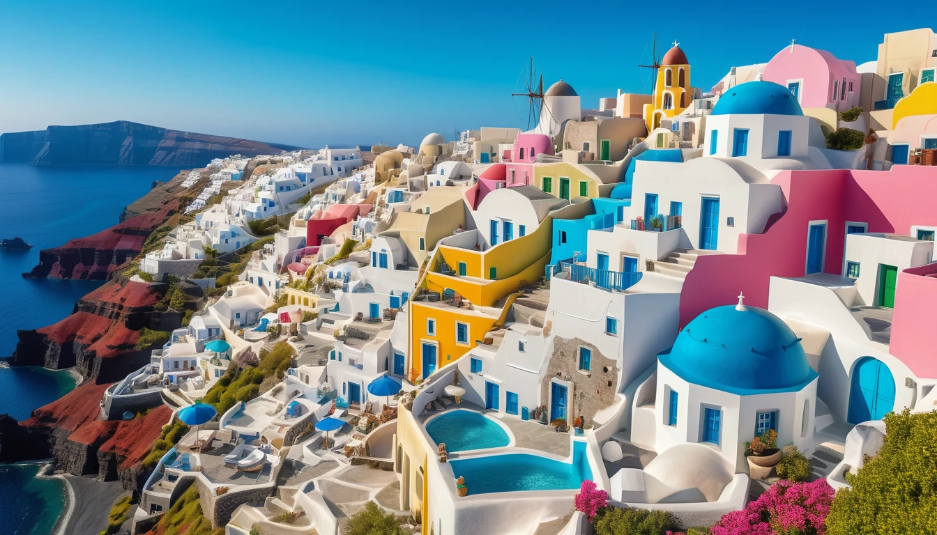 aerial front view Santorini Greece, multi color house blue cyan pink green yellow red, daylight, Mediterranean landscape, Greek fantasy panorama, Greek architecture, Greek fantasy, incredibly beautiful, Greek style, Mediterranean city, breathtaking image, masterpiece artwork, 8k, 16k, best quality, high detail, high quality, super detail, high resolution hyper realistic, 8K, photorealistic, extreme detail, ( best quality, 4k, 8k, high resolution, masterpiece: 1.5), ultra detailed, (realistic, photorealistic, photo-realistic: 1.5)