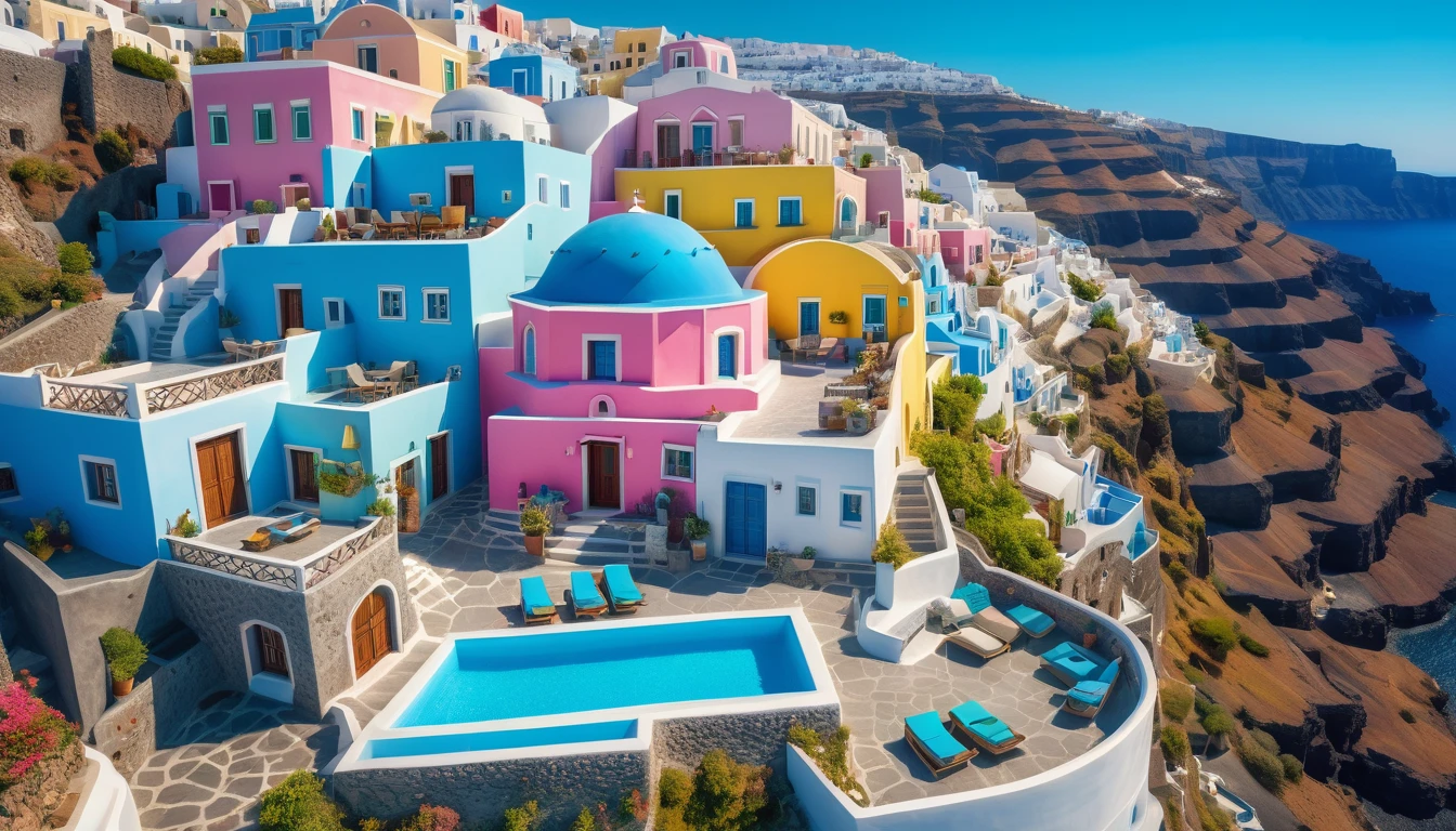 aerial front view Santorini Greece, multi color house blue cyan pink green yellow red, daylight, Mediterranean landscape, Greek fantasy panorama, Greek architecture, Greek fantasy, incredibly beautiful, Greek style, Mediterranean city, breathtaking image, masterpiece artwork, 8k, 16k, best quality, high detail, high quality, super detail, high resolution  hyper realistic, 8K, photorealistic, extreme detail, ( best quality, 4k, 8k, high resolution, masterpiece: 1.5), ultra detailed, (realistic, photorealistic, photo-realistic: 1.5)