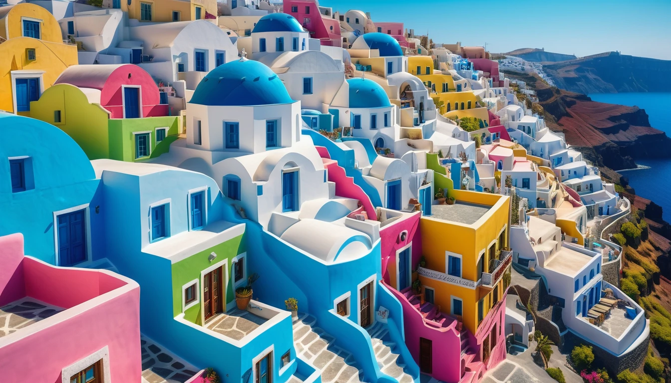 aerial front view Santorini Greece, multi color house blue cyan pink green yellow red, daylight, Mediterranean landscape, Greek fantasy panorama, Greek architecture, Greek fantasy, incredibly beautiful, Greek style, Mediterranean city, breathtaking image, masterpiece artwork, 8k, 16k, best quality, high detail, high quality, super detail, high resolution  hyper realistic, 8K, photorealistic, extreme detail, ( best quality, 4k, 8k, high resolution, masterpiece: 1.5), ultra detailed, (realistic, photorealistic, photo-realistic: 1.5)