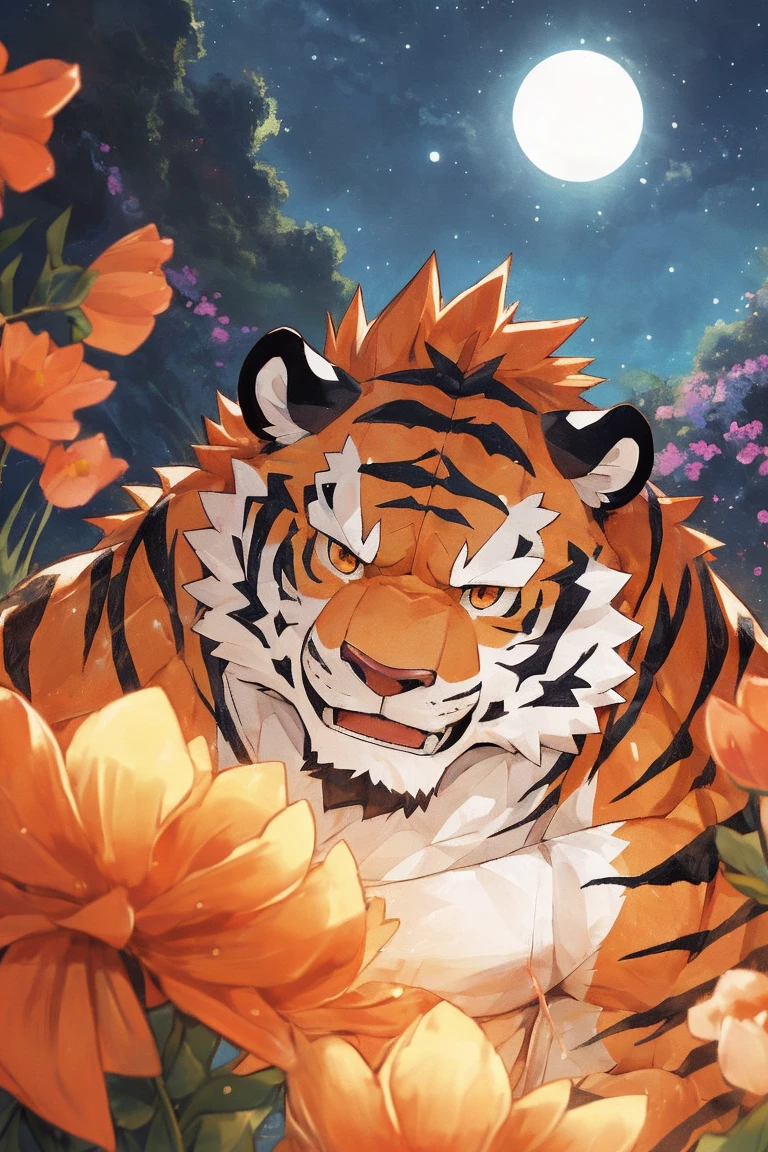 human nature, Wildlife, male,36 years old，Uncle， solitary, ((Round Face, The face is plump,Orange eyes,Thick orange hair，With scars)), ((Endomorph, Handsome，Hot Blood)), （Mecha suit，No electricity，exhaustion), ((domestic tiger, tiger，) Fluffy fur, Fluffy), Bokeh, (high quality, high resolution, masterpiece), (Dynamic Lighting, Vibrant colors), (Revitalize，harm，Disdain), Full body picture (close up), cartoon, author：Takemoto Arashi, From zixiong, By Chunni, author：Empty Ghost，Blood Rain，valley，A sea of flowers on the other side，Night，Tears dripping down my face，美丽的A sea of flowers on the other side（background：下Blood Rain的A sea of flowers on the other side）