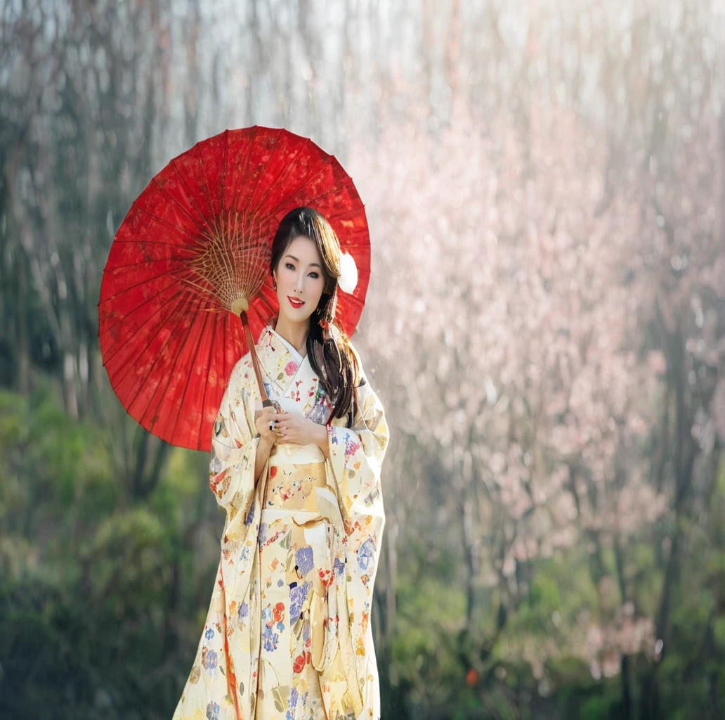 araffe woman in a kimono with a red umbrella, Japanese woman, elegant Japanese woman, Japanese kimono, wearing kimono, traditional Japanese, wearing a kimono, Japanese geisha, Japanese style, Traditional geisha costume, Japanese clothes, Japanese, Photographic portrait of a geisha, Japanese women, Japanese traditional clothing, red kimono, kimono