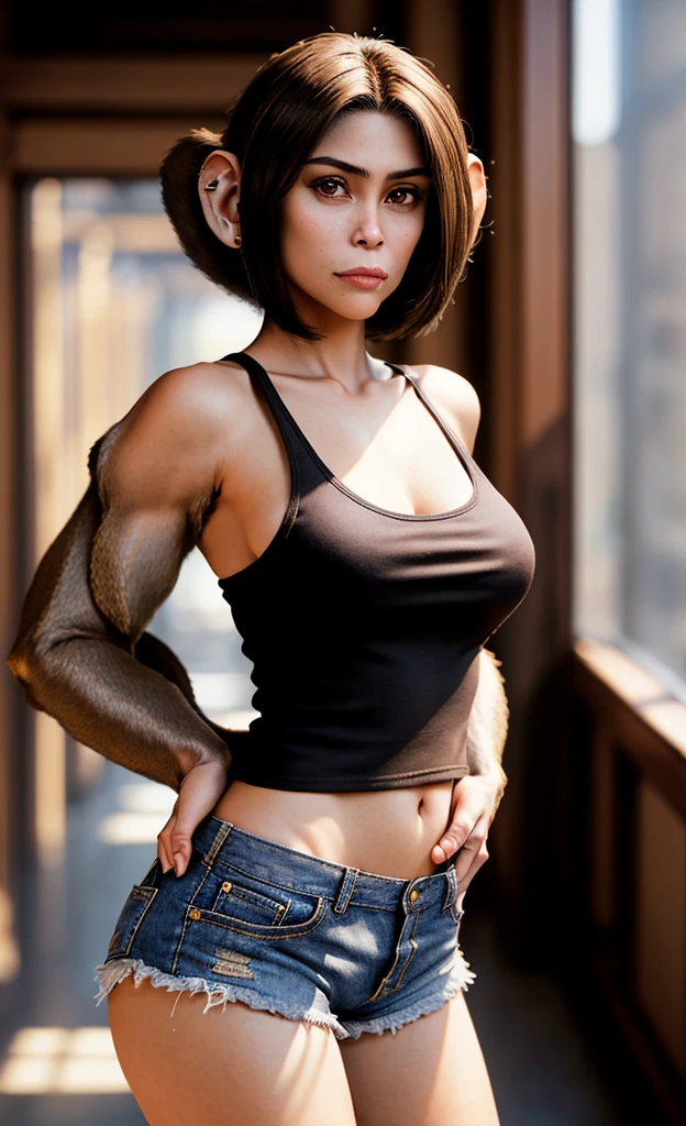 (masterpiece), (extremely intricate:1.3), (realistic), portrait of a girl, (small breasts:1.1), the most beautiful in the world, Bushy eyebrows, brunette Bob, huge ears, (monkeygirl:1.5), (brown tail:1.1), (toned body:1.1), (tank top and shorts:1.1), detailed textures, upper body, indoors, bright sunlight, classroom hallway, professional photograph of a stunning woman detailed, looking at the camera, alluring stare, detailed eyes, sharp focus, dramatic, award winning, cinematic lighting, octane render  unreal engine,  volumetrics dtx, (film grain, blurry background, blurry foreground, bokeh, depth of field, motion blur:1.3)