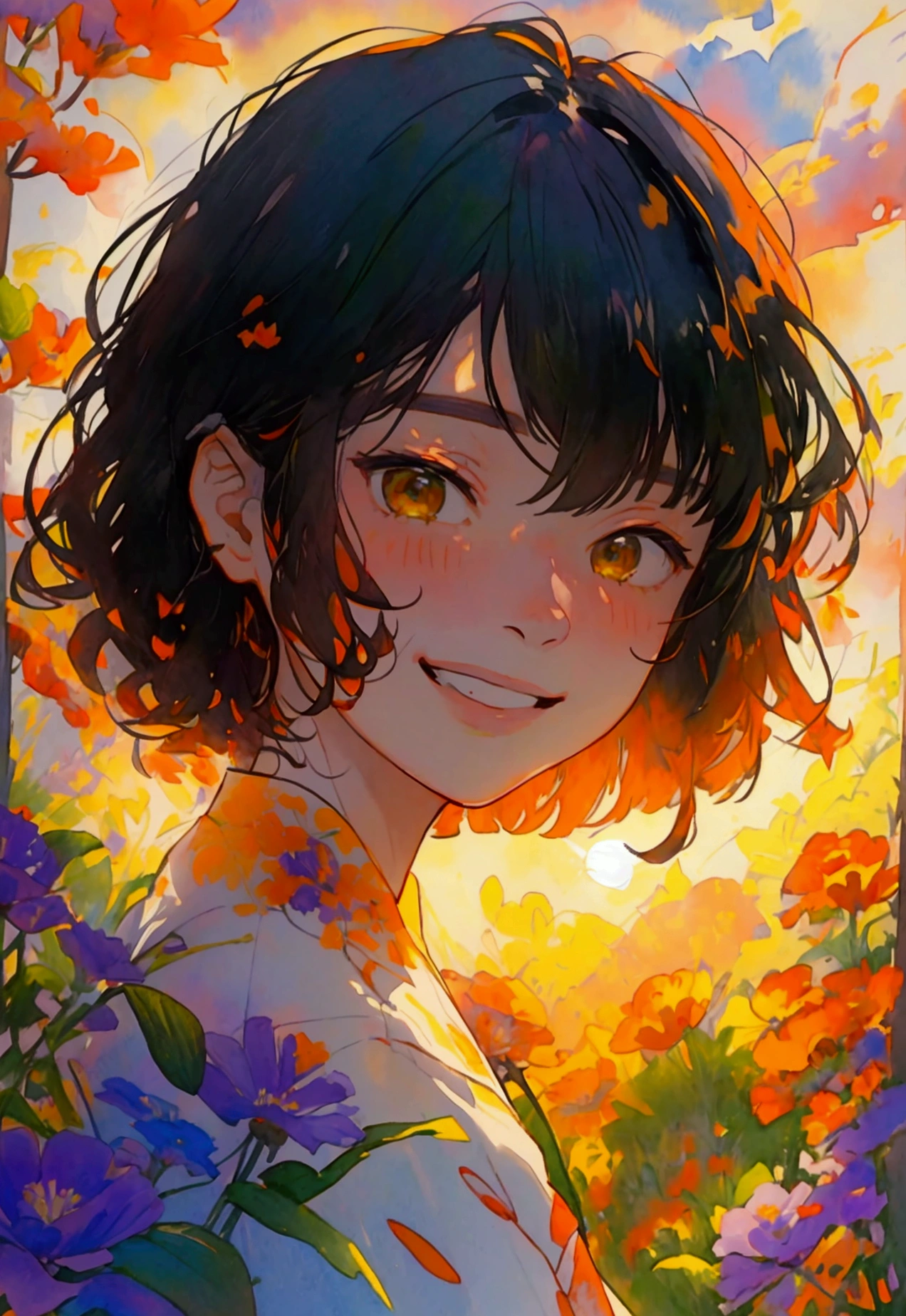 watercolor, Landscape of Ming Flowers, Long Hair, A big smile,Squint your eyes, shirt, Short sleeve, Black Hair, purple flower, yellow 花, white shirt, orange flower, bangs, whole body, plant, green , leaf, Mouth closed, Traditional Media, Brown Hair,Sunset sky,Sunset