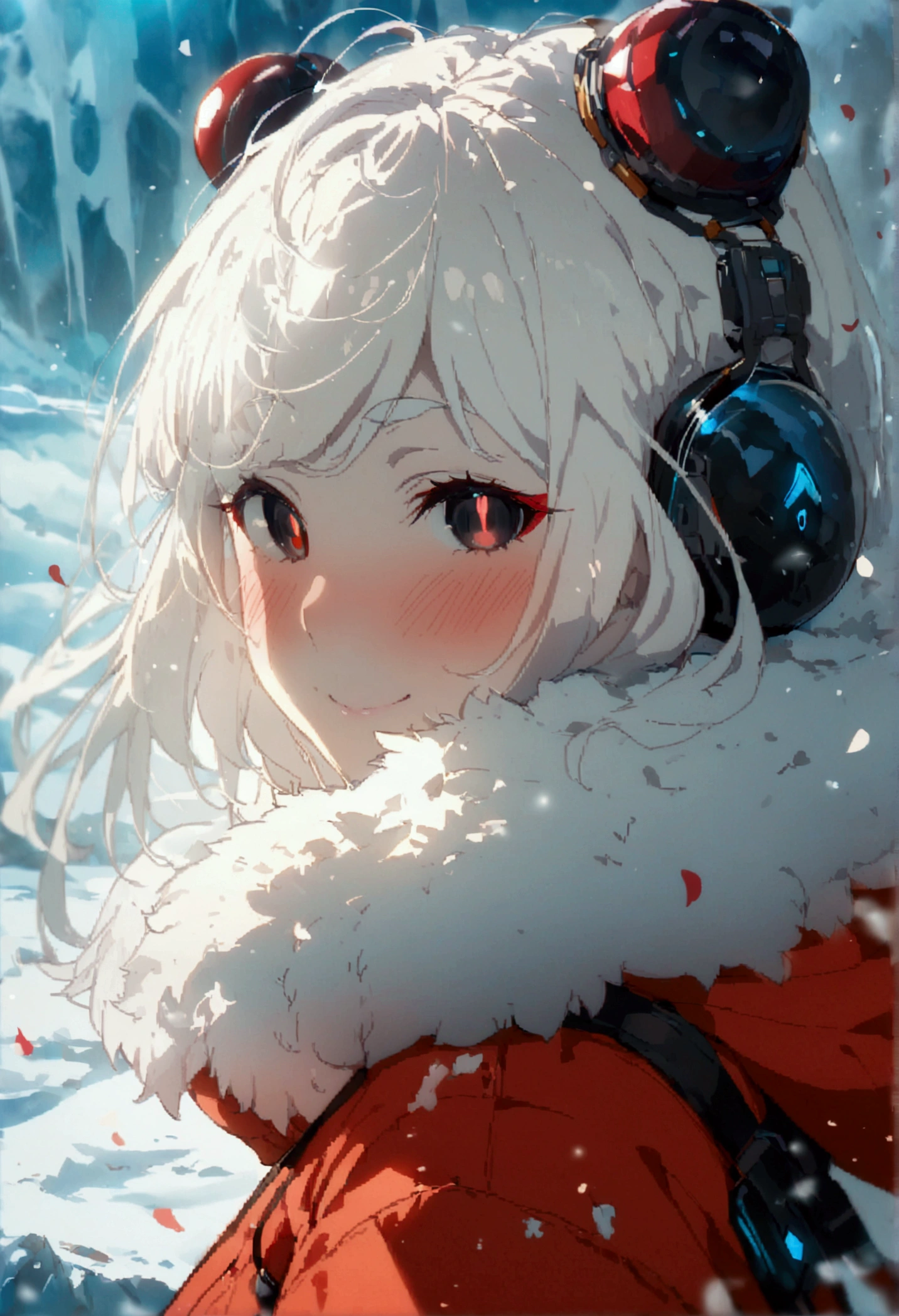 Masterpiece, High quality, High quality of art, anime lineart, 1girl,white hair, black eyes, white eyebrow, red eyeshadow, Tall, big hips, big chest, very blush, white hearts in eyes, in future base, looking at viewer, smile, white skin,In the base of the future somewhere in Antarctica, white fur coat
