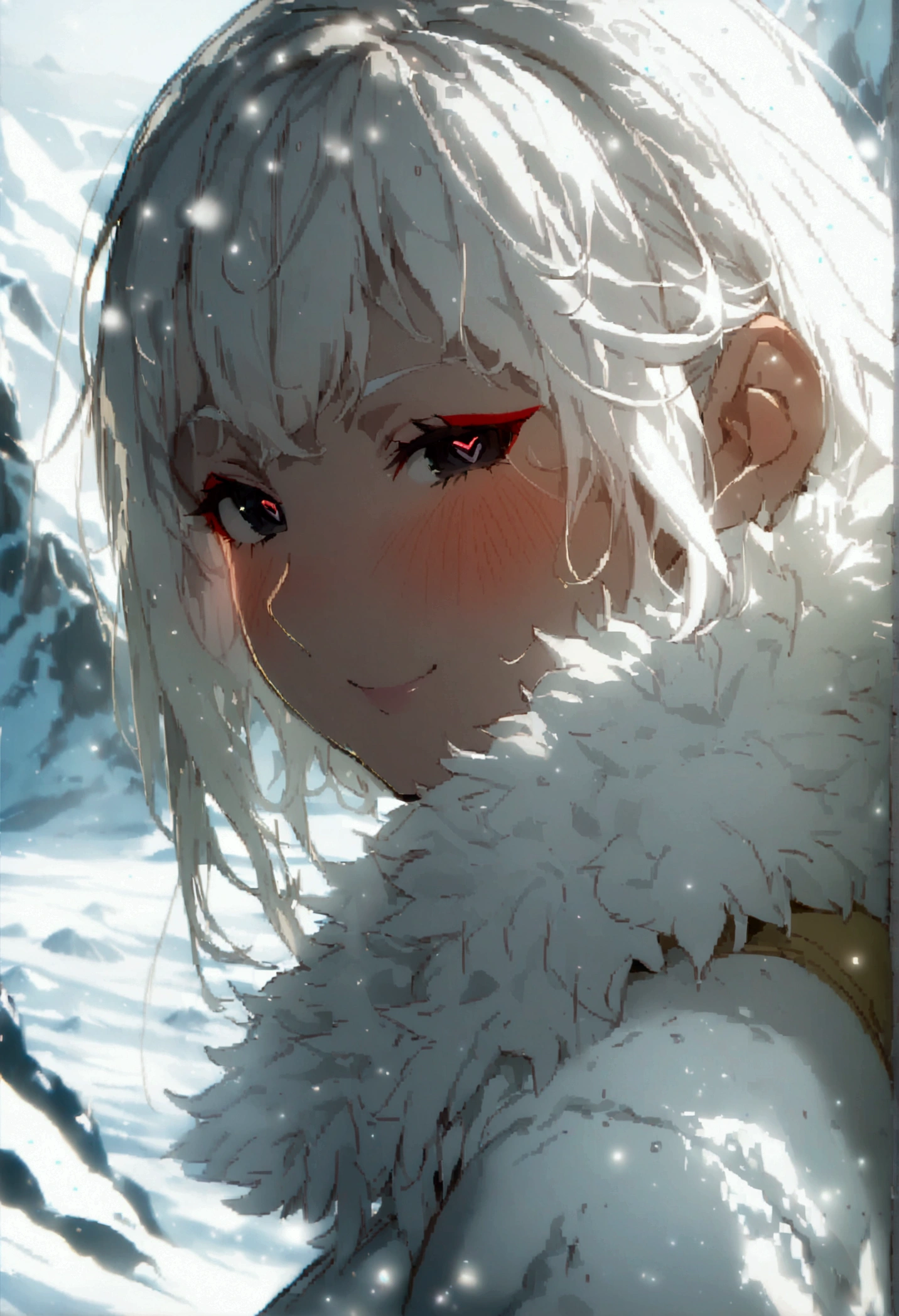 Masterpiece, High quality, High quality of art, anime lineart, 1girl,white hair, black eyes, white eyebrow, red eyeshadow, Tall, big hips, big chest, very blush, white hearts in eyes, in future base, looking at viewer, smile, white skin,In the base of the future somewhere in Antarctica, white fur coat
