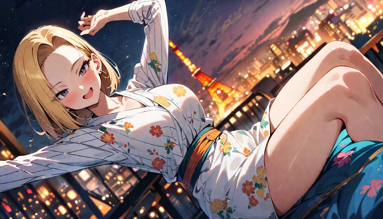 (masterpiece, best quality:1.2),1girl, (solo), Android 18 from Dragon Ball, ((floral print white kimono)), medium breasts, blunt bangs, blonde short hair, (black eyes), earrings on earlobes, slim, slender feminine figure, skinny body, blush, magnificent view, blur background, 4K, open mouth, smile, Tokyo Tower, firework, arms open, collarbone,