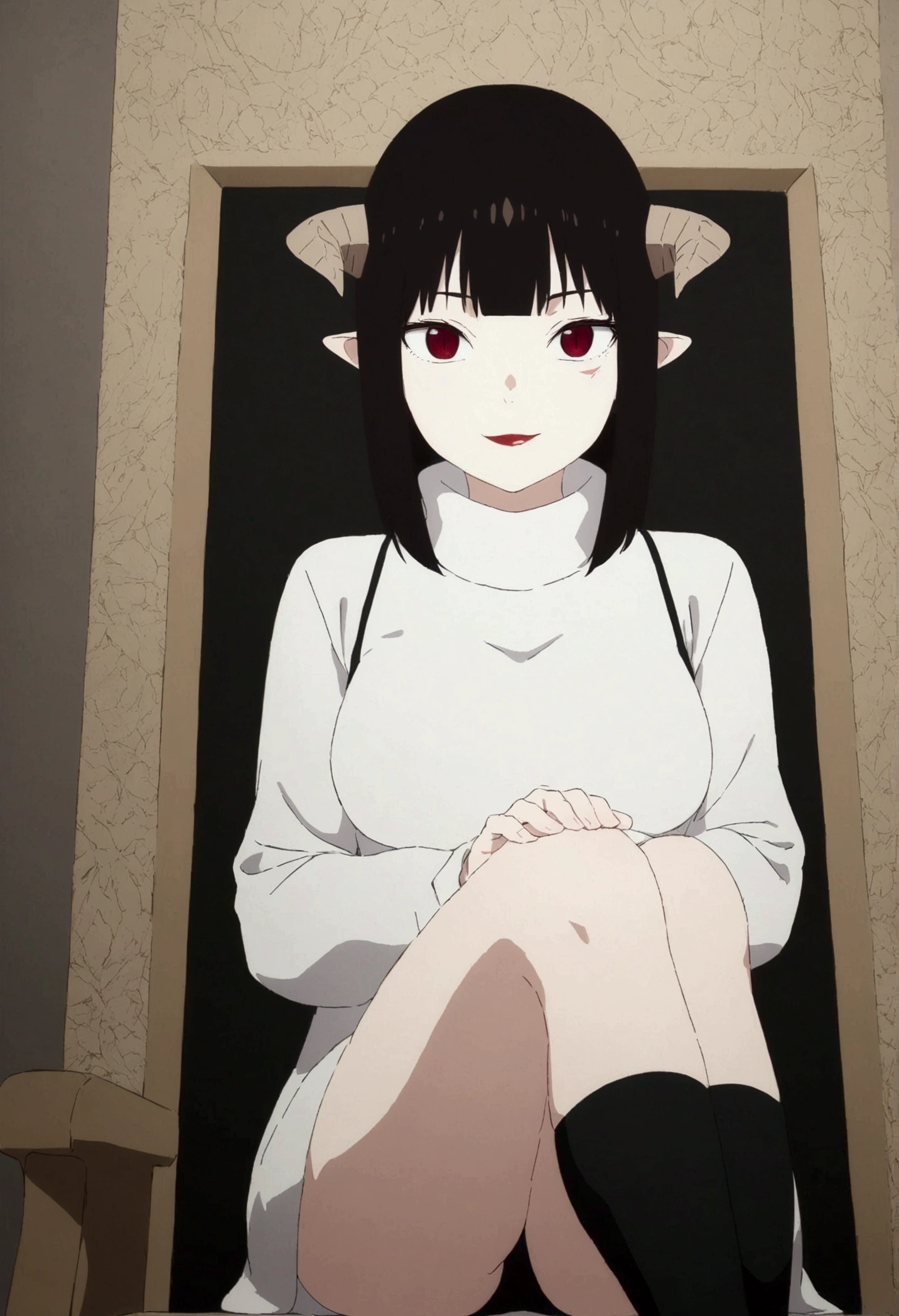 (work of art, ultra detali,high resolution,8K), 1 girl ,standing alone,hinterland,Look to viewer, TochaTortura, trunk,sheen,brunette skin,sitting on a chair,legs crossed,,black socks,horns on head,ssmile,face red,blushed,ssmile,staring overhead,White sweater