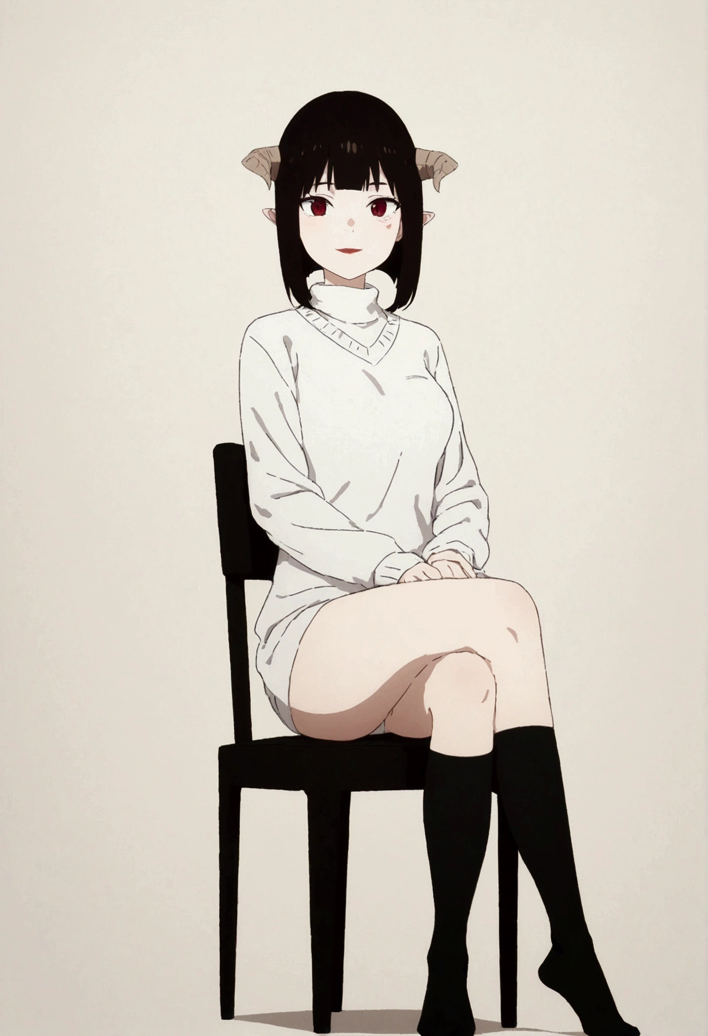 (work of art, ultra detali,high resolution,8K), 1 girl ,standing alone,hinterland,Look to viewer, TochaTortura, trunk,sheen,brunette skin,sitting on a chair,legs crossed,,black socks,horns on head,ssmile,face red,blushed,ssmile,staring overhead,White sweater