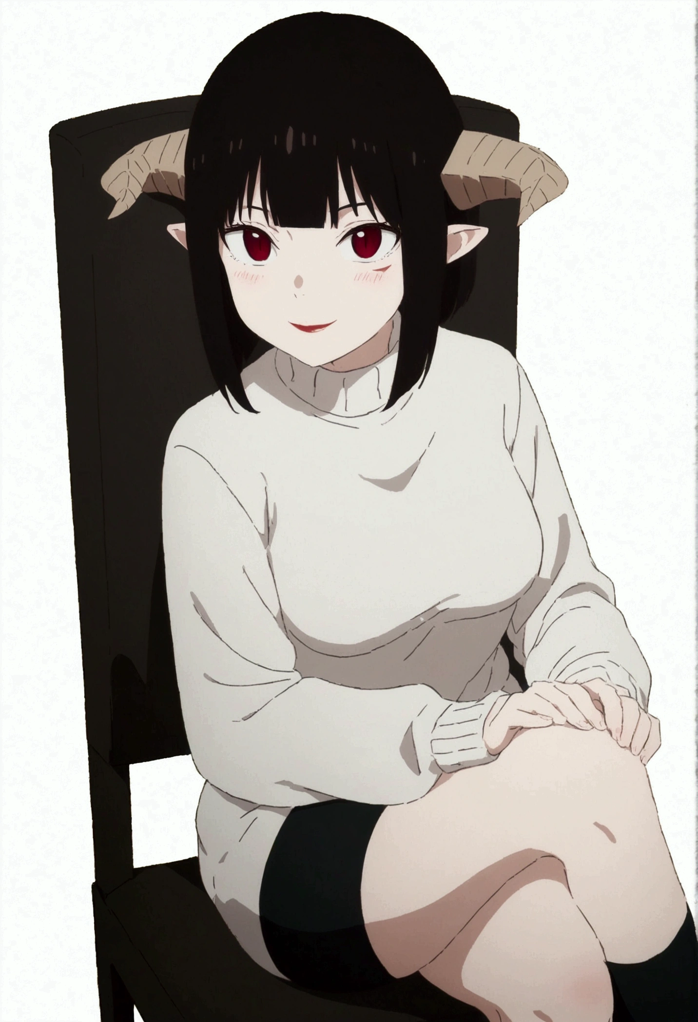 (work of art, ultra detali,high resolution,8K), 1 girl ,standing alone,hinterland,Look to viewer, TochaTortura, trunk,sheen,brunette skin,sitting on a chair,legs crossed,,black socks,horns on head,ssmile,face red,blushed,ssmile,staring overhead,White sweater