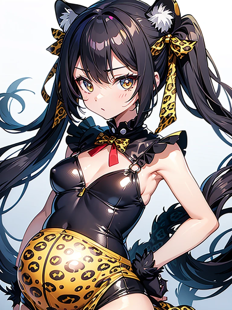 Super precise and super detailed anime illustrations,
pregnant  girl,black twintail,Leopard print bodysuit,
Leopard print ribbon,