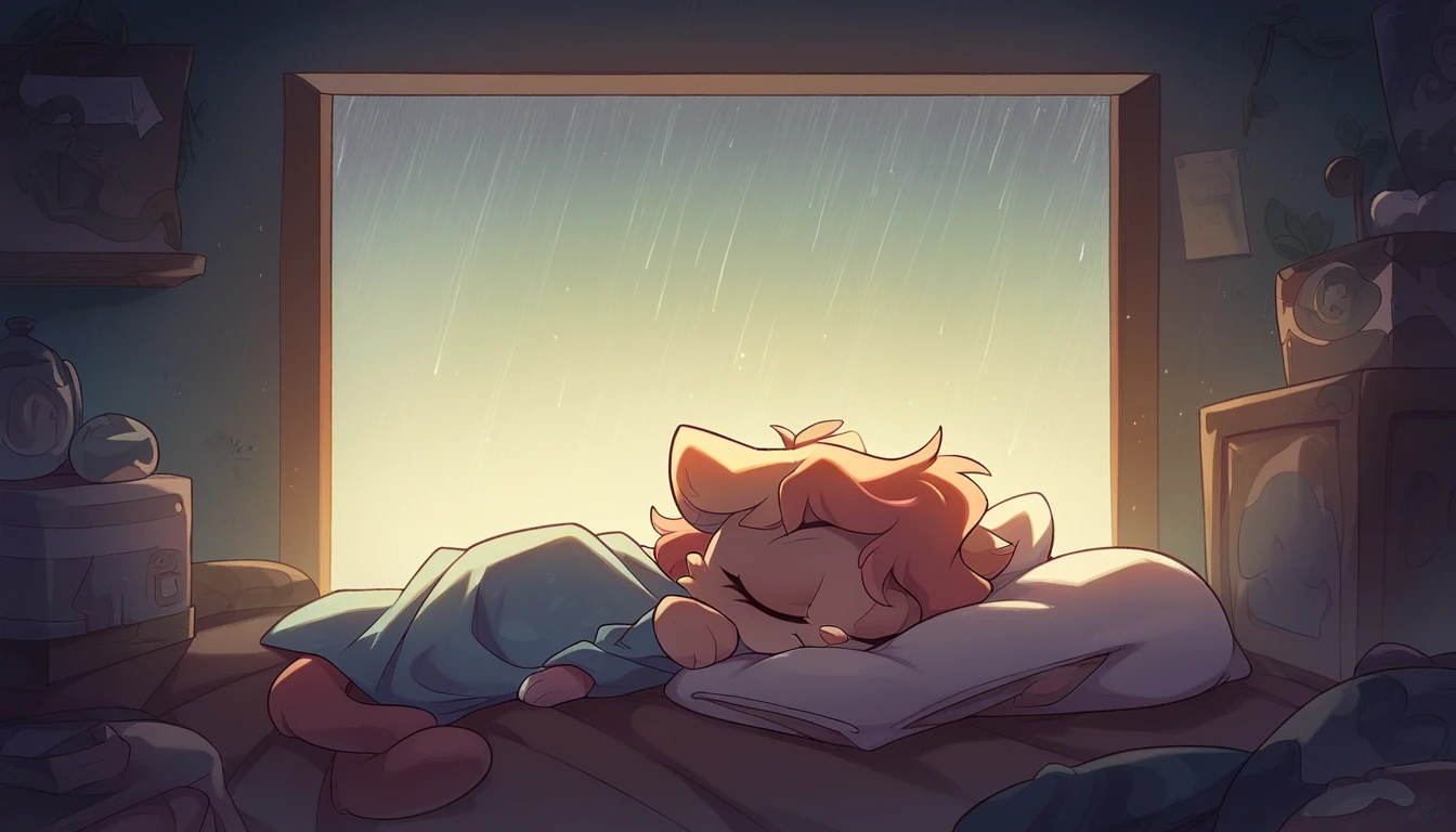 (masterpiece, best quality, high quality, high resolution, very detailed) A cute and adorable cat with its eyes closed, resting in a cozy room. The room creates a peaceful and calm atmosphere with a large window showing a rainy scene outside. The image features bokeh light effects to enhance the serene ambiance