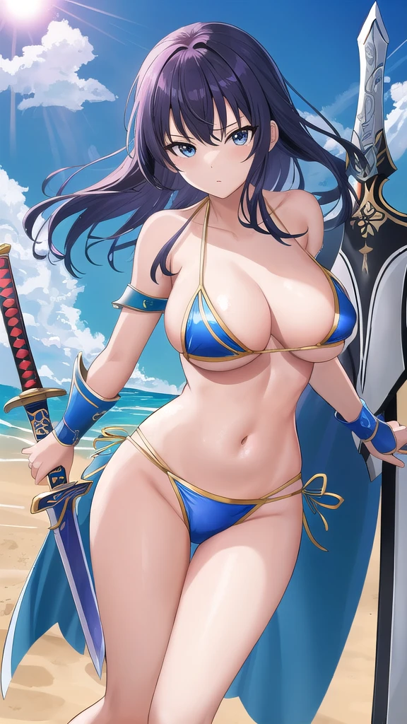 Cartoon character with sword, Art inspired by Masamune Shirow,  Armor Girl, Bikini Armor, Bikini Armor, Bikini Armor female knight, Bikini Armor, tits, Knight Girl, tits、Intense movement,topless, White thighs,Vertical belly button、Skin radiance