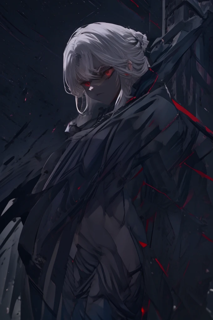 Girl, 20 years old, with long white hair down to below her waist, a serious yet tender expression, and red eyes. Her hair features black streaks. She wears antique-style clothing, a long black dress with a slit on the legs, and high black boots that almost reach her knees. Her power and background are related to shadows and darkness.