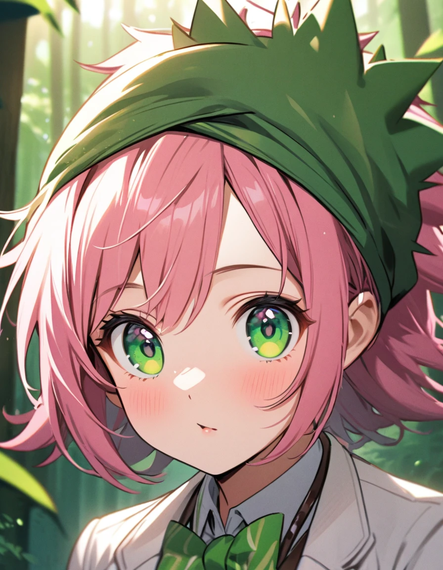 " girl with short spiky pink hair and vibrant green eyes,Sun-kissed skin, athletic build.white skirt, white blazer,green bow tie,leather bracelet, a bandana on her head,Lively and adventurous expression,portrait closeup,cute green forest spirit,