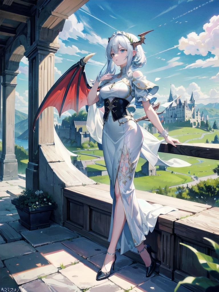 absurdres, RAW photo, extremely delicate and beautiful, masterpiece, Best Quality, ultra high resolution, 32k, hyperrealistic, ultra-detailed, perfect figure, A majestic dragon soaring above a medieval castle nestled in a lush, green valley,