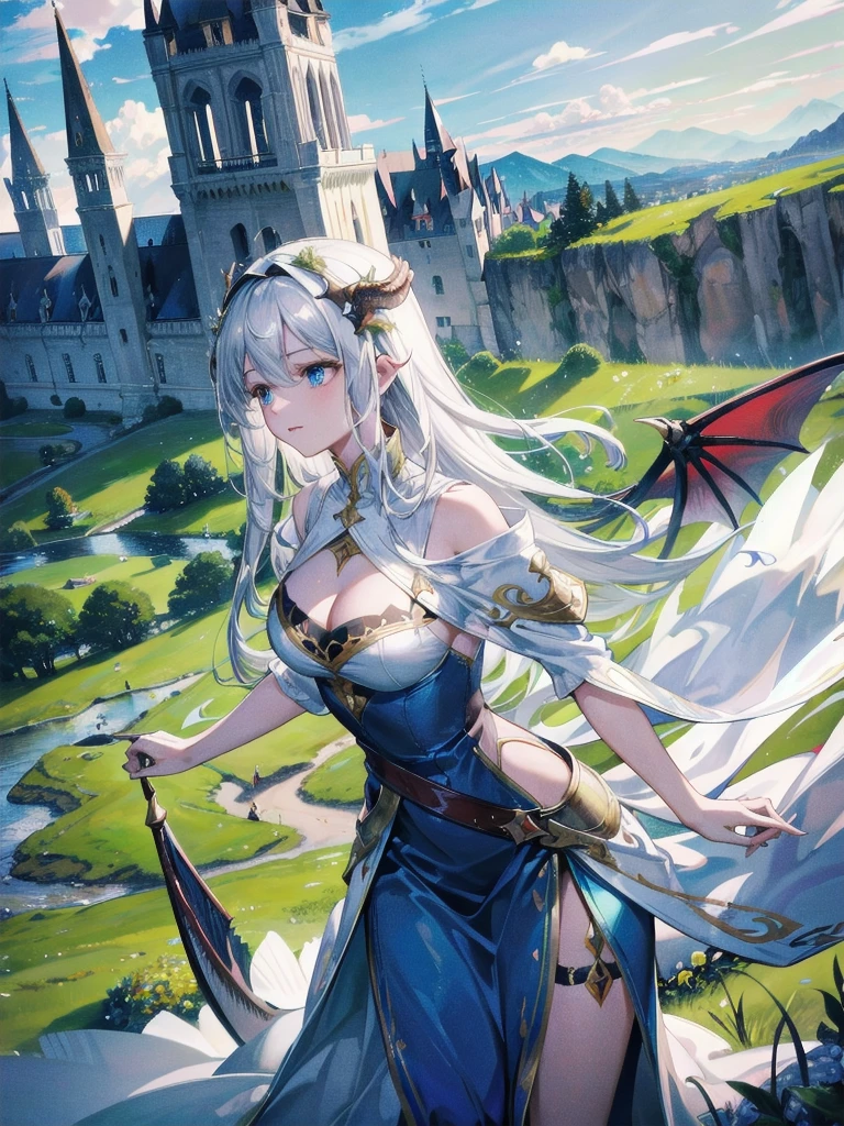 absurdres, RAW photo, extremely delicate and beautiful, masterpiece, Best Quality, ultra high resolution, 32k, hyperrealistic, ultra-detailed, perfect figure, A majestic dragon soaring above a medieval castle nestled in a lush, green valley,
