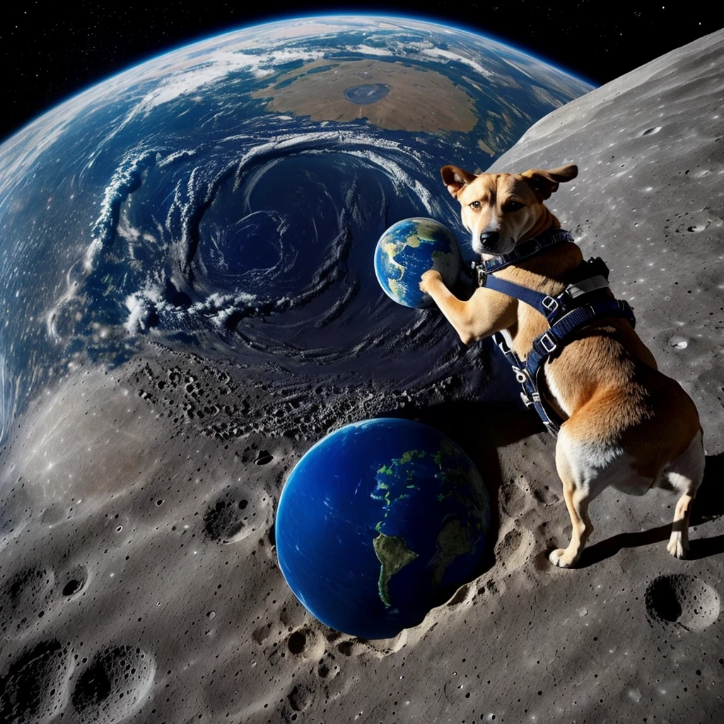Dog observing the planet Earth from the moon with a space suit