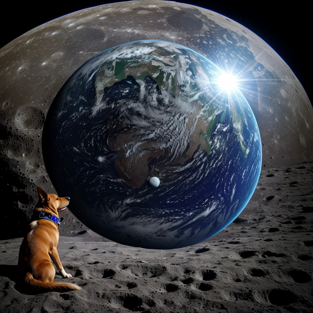 Dog observing the planet Earth from the moon with a space suit