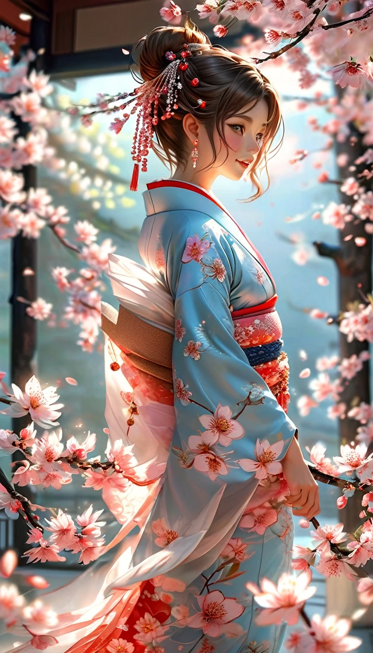 A masterpiece of a high school girl in a provocative kimono.: A masterpiece in 16K UHD resolution takes place in a Japanese-style room decorated with cherry blossoms and lanterns.。An attractive young woman with brown hair falling down her back、She wears a flowing kimono that accentuates her curves..。His blue eyes shine with admiration as he smiles with his mouth open...、Its detailed features give off a blushing charm.。Photorealistic images are、From the seams of your kimono to every strand of hair、Capture every detail as the light flows softly behind her..。Her long fingers are adorned with intricate nails.