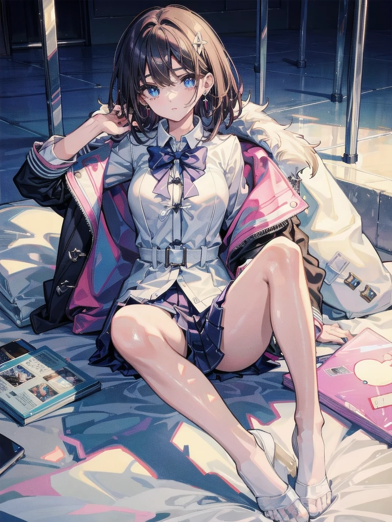 absurdres, RAW photo, extremely delicate and beautiful, masterpiece, Best Quality, ultra high resolution, 32k, hyperrealistic, ultra-detailed, perfect figure, in her 20s, very small head, very small face, delicate facial features, tearful mole, earring, very huge breasts, bare legs, full body shot, medium hair, school_uniform, duffle coat,