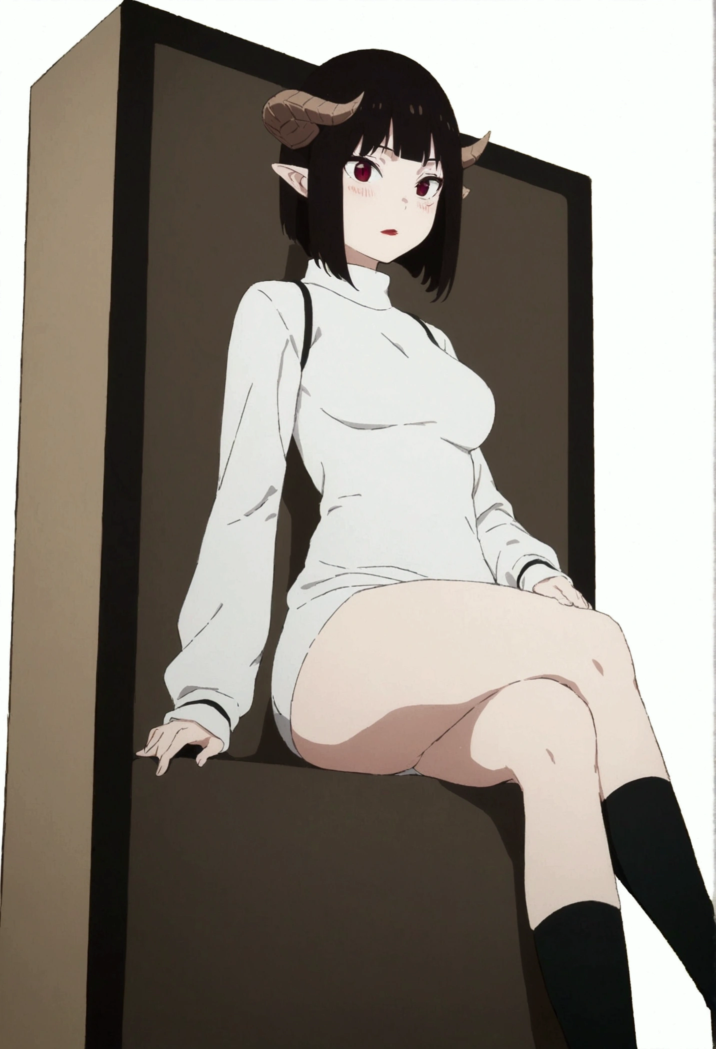 (work of art, ultra detali,high resolution,8K), 1 girl ,standing alone,hinterland,Look to viewer, TochaTortura, trunk,sheen,brunette skin,sitting on a chair,legs crossed,,black socks,horns on head,He would be,face red,blushed,staring overhead,White sweater
