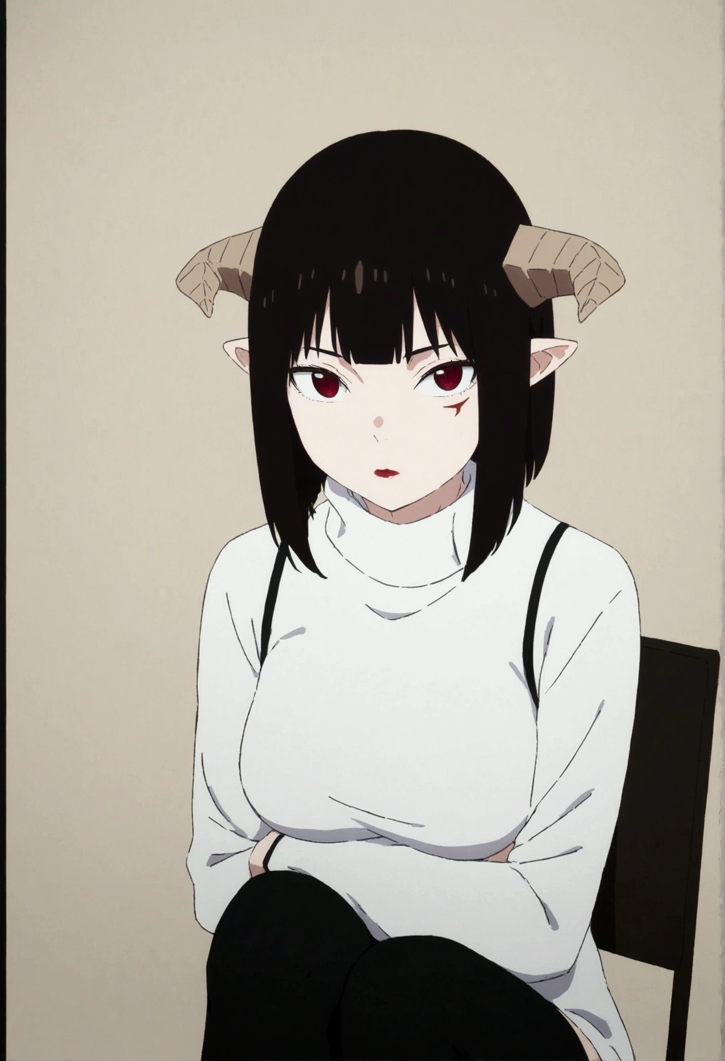 (work of art, ultra detali,high resolution,8K), 1 girl ,standing alone,hinterland,Look to viewer, TochaTortura, trunk,sheen,brunette skin,sitting on a chair,legs crossed,,black socks,horns on head,He would be,face red,blushed,staring overhead,White sweater