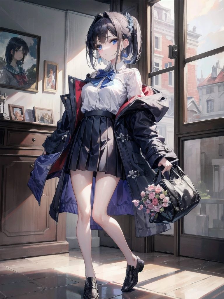 absurdres, RAW photo, extremely delicate and beautiful, masterpiece, Best Quality, ultra high resolution, 32k, hyperrealistic, ultra-detailed, perfect figure, in her 20s, very small head, very small face, delicate facial features, tearful mole, earring, very huge breasts, bare legs, full body shot, medium hair, school_uniform, duffle coat,