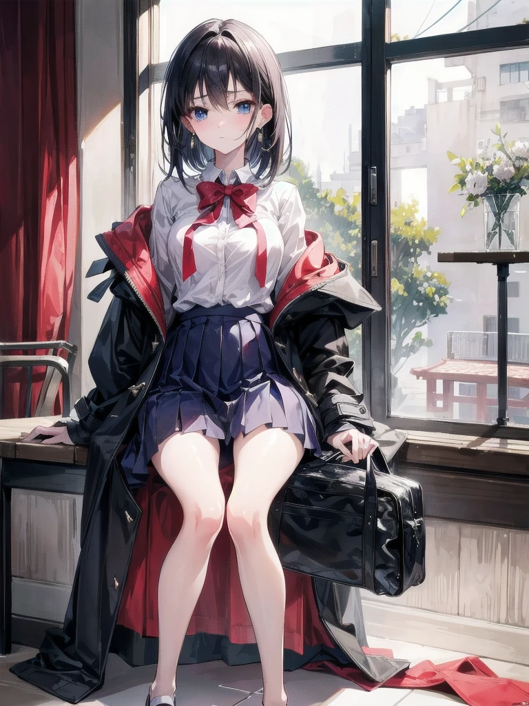 absurdres, RAW photo, extremely delicate and beautiful, masterpiece, Best Quality, ultra high resolution, 32k, hyperrealistic, ultra-detailed, perfect figure, in her 20s, very small head, very small face, delicate facial features, tearful mole, earring, very huge breasts, bare legs, full body shot, medium hair, school_uniform, duffle coat,