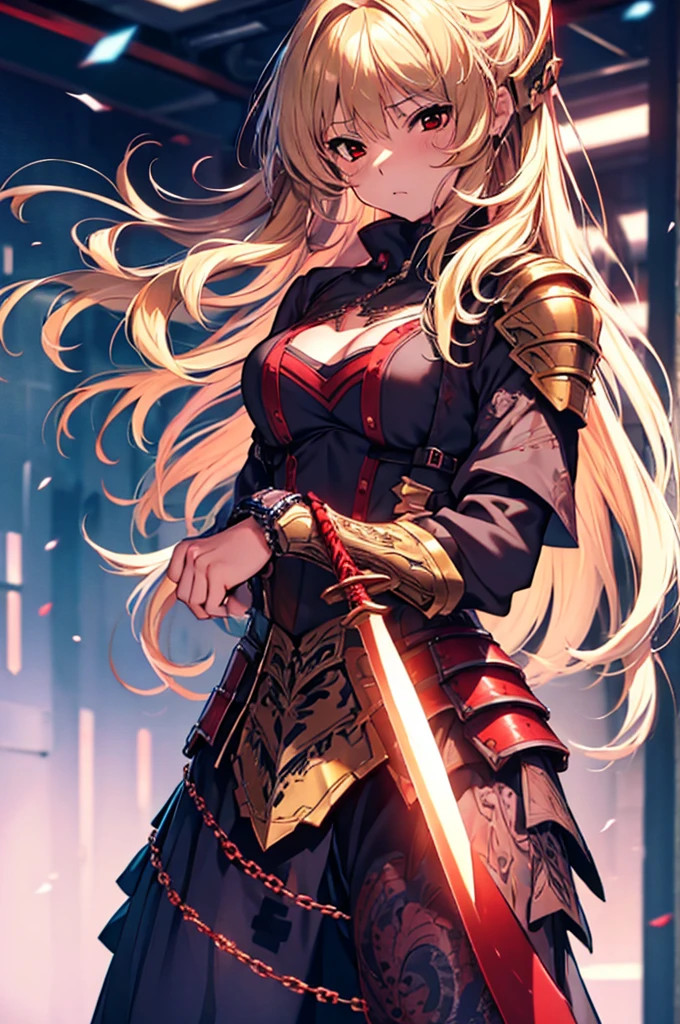 1girl, solo, long hair, breasts, blonde hair, large breasts, red eyes, jewelry, weapon, sword, armor, tattoo, underboob, chain, genderswap, genderswap (mtf)