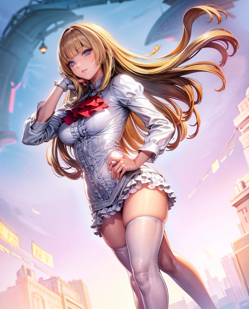 perfect eyes:1.2, detailed eyes:1.4, Emilie T8, blunt bangs, blue eyes, hands on hip, long hair, blonde hair, pink thighhighs, pink frilled dress, frilled ascot, fingerless gloves, smile, red eyeshadow:1.2, makeup:1.2, cowboy shot, 1girl, solo, (masterpiece:1.6, best quality), 8k, insane details, intricate details, hyperdetailed, hyper quality, high detail, ultra detailed, professional, HDR, ray tracing reflection, cinematic lighting,
