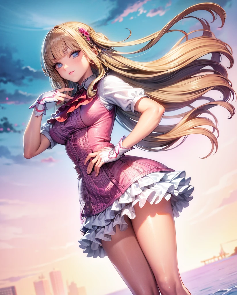 perfect eyes:1.2, detailed eyes:1.4, Emilie T8, blunt bangs, blue eyes, hands on hip, long hair, blonde hair, pink thighhighs, pink frilled dress, frilled ascot, fingerless gloves, smile, red eyeshadow:1.2, makeup:1.2, cowboy shot, 1girl, solo, (masterpiece:1.6, best quality), 8k, insane details, intricate details, hyperdetailed, hyper quality, high detail, ultra detailed, professional, HDR, ray tracing reflection, cinematic lighting,