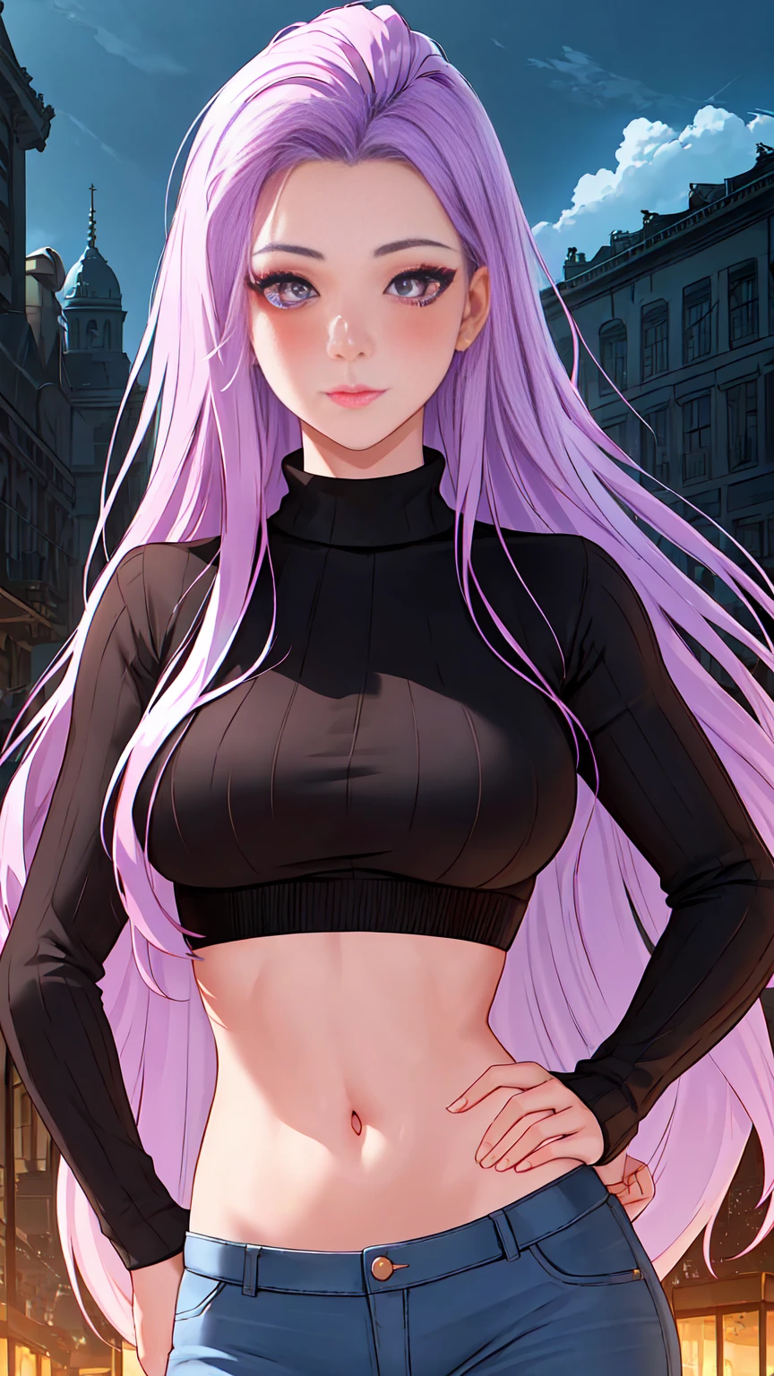 (shoujo-style), ((detailed hair, detailed eyelashes, bangs)),
manhwa-scenery, 1girl, black sweater, blue sky, blush, breasts, cloud, contrapposto, cowboy shot, crop top, day, fingernails, forehead, hand on own hip, large breasts, long hair, long sleeves, looking at viewer, midriff, navel, outdoors, pants, purple eyes, purple hair, ribbed sweater, sky, solo, sweater, turtleneck sweater, very long hair, medusa fate, ((perfect face)), (Mature Face:1.4), (beautiful face:1.15), detailed eyes, very deep eyes, messy hair, detailed finger,
(masterpiece), (highest quality), best quality, highres, 8K, extremely detailed, Digital Art, (Hyper-Detailed Background:1.2), (realistic background), (intricate details), award-winning, hyper-detailed, (illustration:1.1),
(cinematic lighting), soft lighting,