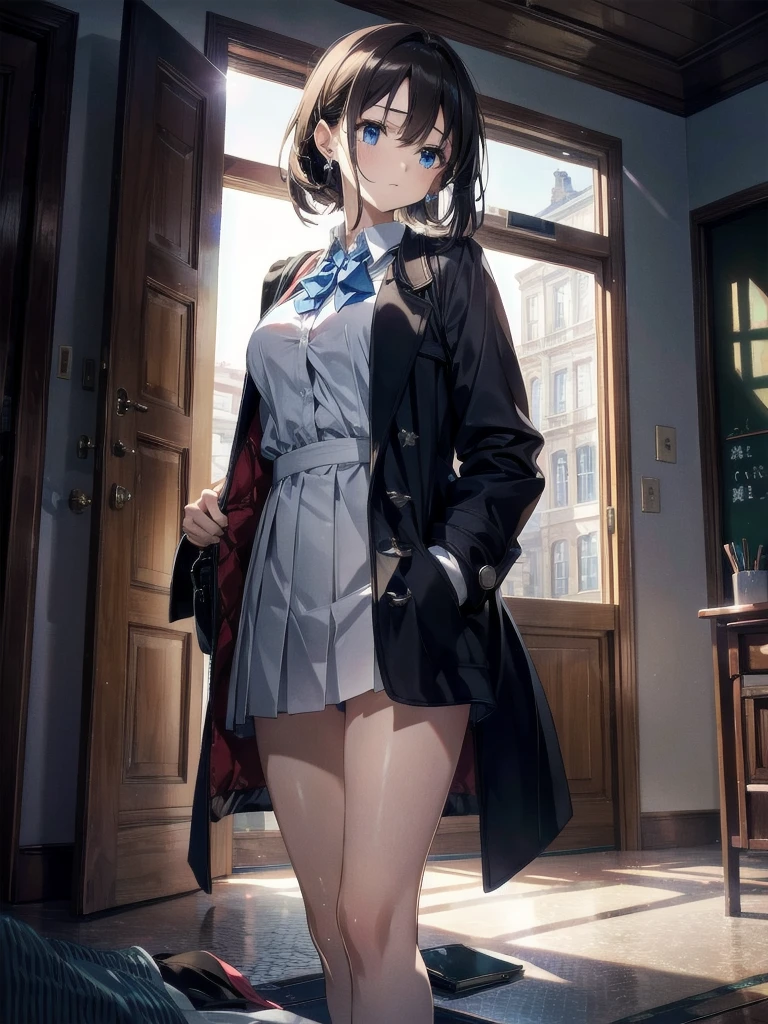 absurdres, RAW photo, extremely delicate and beautiful, masterpiece, Best Quality, ultra high resolution, 32k, hyperrealistic, ultra-detailed, perfect figure, in her 20s, very small head, very small face, delicate facial features, tearful mole, earring, very huge breasts, bare legs, full body shot, medium hair, school_uniform, duffle coat,