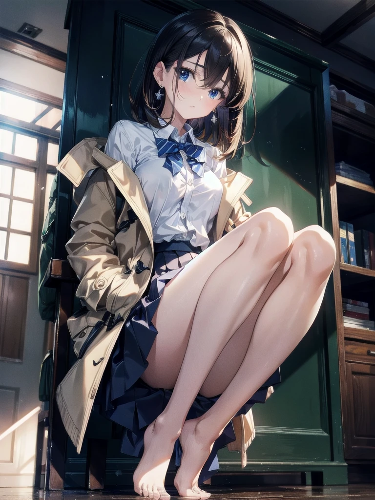 absurdres, RAW photo, extremely delicate and beautiful, masterpiece, Best Quality, ultra high resolution, 32k, hyperrealistic, ultra-detailed, perfect figure, in her 20s, very small head, very small face, delicate facial features, tearful mole, earring, very huge breasts, bare legs, full body shot, medium hair, school_uniform, duffle coat,
