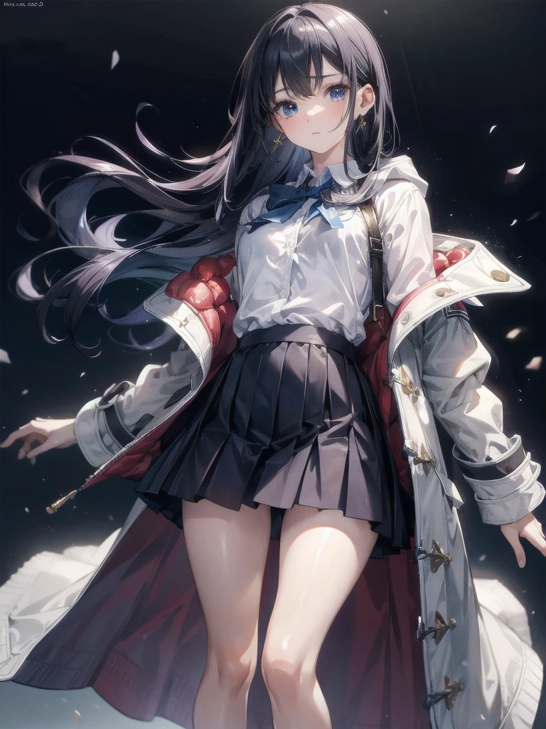 absurdres, RAW photo, extremely delicate and beautiful, masterpiece, Best Quality, ultra high resolution, 32k, hyperrealistic, ultra-detailed, perfect figure, in her 20s, very small head, very small face, delicate facial features, tearful mole, earring, very huge breasts, bare legs, full body shot, medium hair, school_uniform, duffle coat,