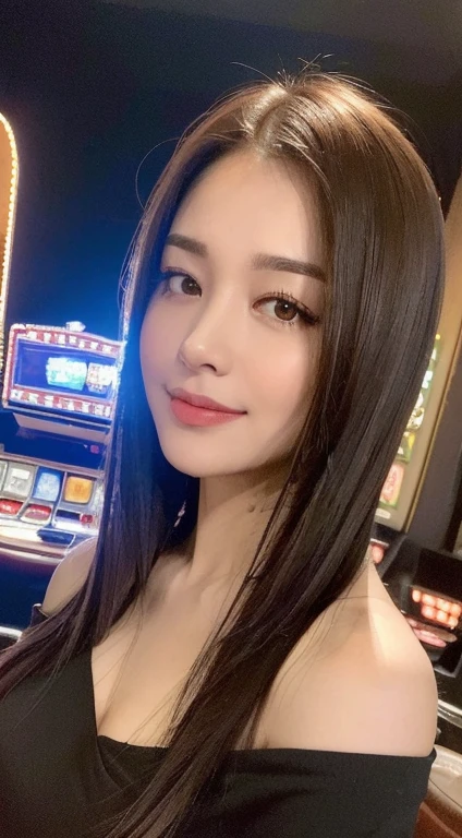 ((night scene, realistic light, best quality, 8K, Masterpiece: 1.3)), 1 woman, slim body beauty: 1.4, brown hair, (big: 1.3), off shoulder cut top: 1.3, Extraordinarily detailed face, Detailed eyes, Double eyelids, (random background,In casinos,VIP casino room, Modern Casino Console, Modern Slot Machines ), smile, rift