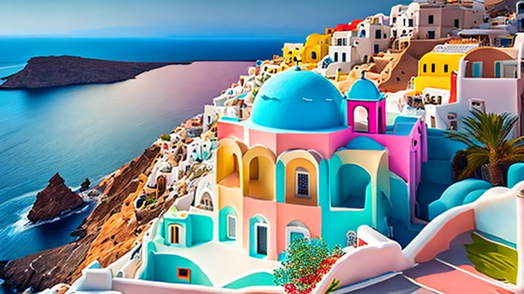 aerial front view Santorini Greece, multi color house blue cyan pink green yellow red, daylight, Mediterranean landscape, Greek fantasy panorama, Greek architecture, Greek fantasy, incredibly beautiful, Greek style, Mediterranean city, breathtaking image, masterpiece artwork, 8k, 16k, best quality, high detail, high quality, super detail, high resolution  hyper realistic, 8K, photorealistic, extreme detail, ( best quality, 4k, 8k, high resolution, masterpiece: 1.5), ultra detailed, (realistic, photorealistic, photo-realistic: 1.5)