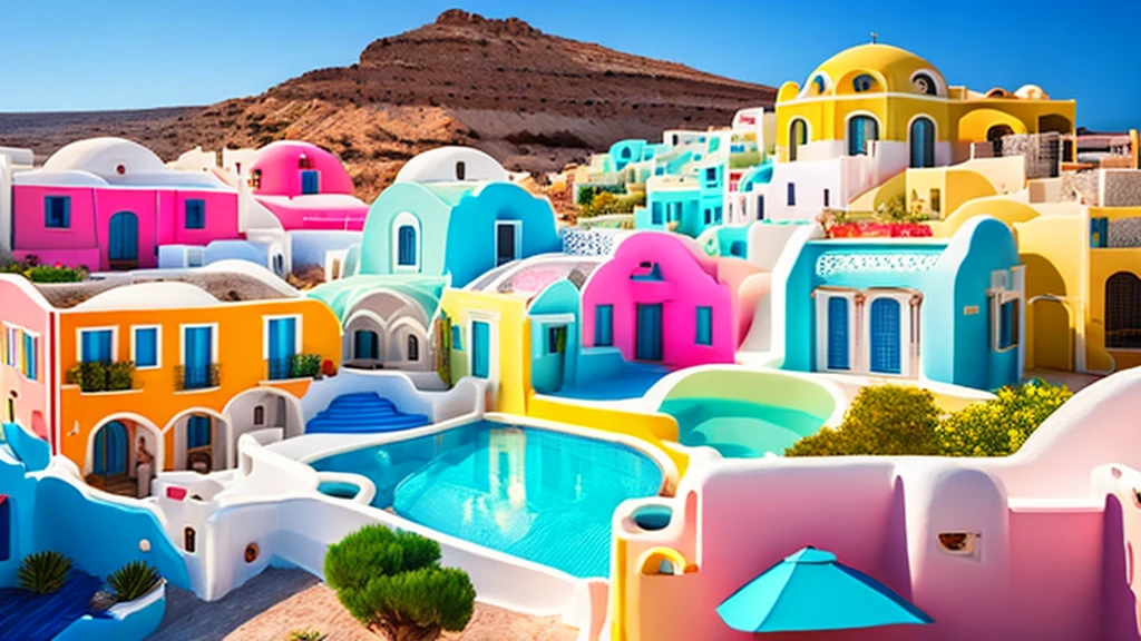 aerial front view Santorini Greece, multi color house blue cyan pink green yellow red, daylight, Mediterranean landscape, Greek fantasy panorama, Greek architecture, Greek fantasy, incredibly beautiful, Greek style, Mediterranean city, breathtaking image, masterpiece artwork, 8k, 16k, best quality, high detail, high quality, super detail, high resolution hyper realistic, 8K, photorealistic, extreme detail, ( best quality, 4k, 8k, high resolution, masterpiece: 1.5), ultra detailed, (realistic, photorealistic, photo-realistic: 1.5)