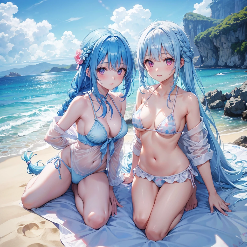 (Sky blue hair),(Braided hair tied together)、Pink eyes、Fair skin、(whole body)、(One Girl)、bikini、Shining white sand beach in midsummer、Okinawa's ocean、A happy smile、、(masterpiece、Highest quality、Very detailed、Best Shadow)、(Detailed Background)、(Beautifully detailed face)、High contrast、(Best lighting、Very delicate and beautiful)、((Cinematic Light))、colorful、Hyper Detail、Dramatic Light、Exquisite detail、Jumping and having fun
