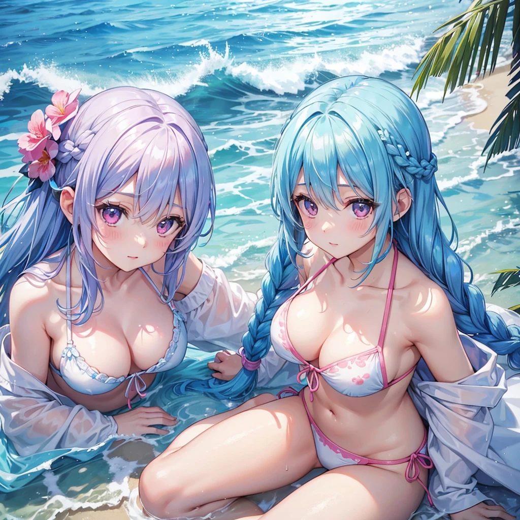(Sky blue hair),(Braided hair tied together)、Pink eyes、Fair skin、(whole body)、(One Girl)、bikini、Shining white sand beach in midsummer、Okinawa&#39;s ocean、A happy smile、、(masterpiece、Highest quality、Very detailed、Best Shadow)、(Detailed Background)、(Beautifully detailed face)、High contrast、(Best lighting、Very delicate and beautiful)、((Cinematic Light))、colorful、Hyper Detail、Dramatic Light、Exquisite detail、Jumping and having fun