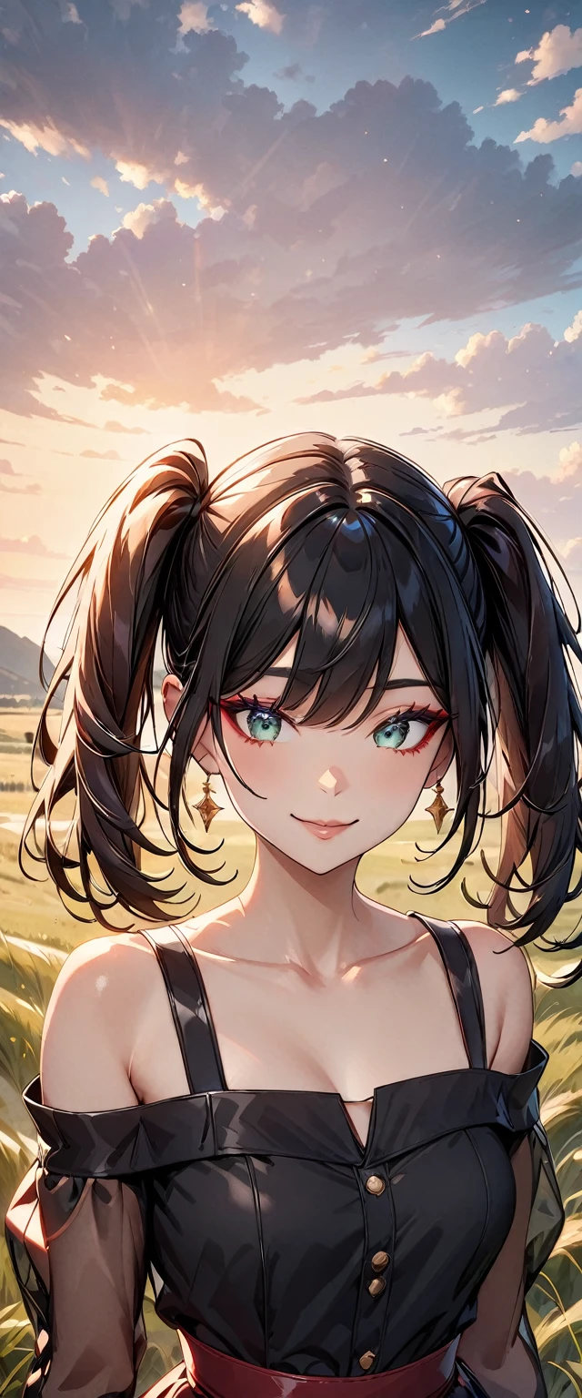 Photo of a woman with natural skin, grassland, Upper Body, Smiling, High Twintails, Black hair with red mesh, Sharp eyes with red eyeshadow, Blue-green eyes, Shining eyes, A thin, upturned nose, Well-shaped lips, ((Black off-the-shoulder dress, Thin shoulder straps)), barefoot, Makeup, Exquisitely crafted with the utmost attention to detail, Vibrant, amazing, Smooth, Cinematic, 4K, Backlight, ((綺麗な星空が見える広いgrassland)), Shallow depth of field, ((Detailed eyes:1.3, Detailed lips:1.3, high quality, )), masterpiece, Super detailed images, High quality