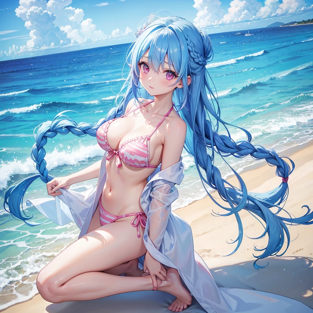 (Sky blue hair),(Braided hair tied together)、Pink eyes、Fair skin、(whole body)、(One Girl)、bikini、Shining white sand beach in midsummer、Okinawa's ocean、A happy smile、、(masterpiece、Highest quality、Very detailed、Best Shadow)、(Detailed Background)、(Beautifully detailed face)、High contrast、(Best lighting、Very delicate and beautiful)、((Cinematic Light))、colorful、Hyper Detail、Dramatic Light、Exquisite detail、Jumping and having fun