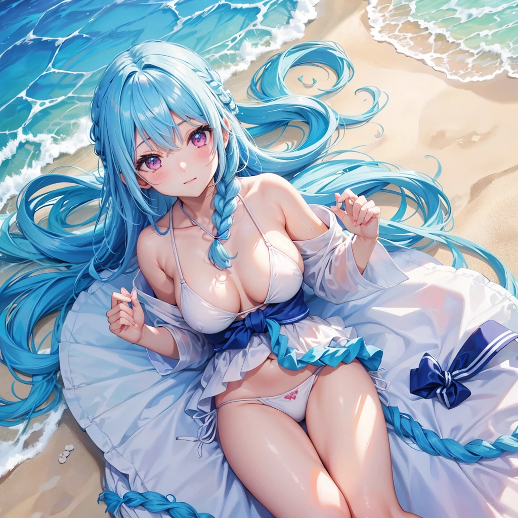(Sky blue hair),(Braided hair tied together)、Pink eyes、Fair skin、(whole body)、(One Girl)、bikini、Shining white sand beach in midsummer、Okinawa's ocean、A happy smile、、(masterpiece、Highest quality、Very detailed、Best Shadow)、(Detailed Background)、(Beautifully detailed face)、High contrast、(Best lighting、Very delicate and beautiful)、((Cinematic Light))、colorful、Hyper Detail、Dramatic Light、Exquisite detail、Jumping and having fun