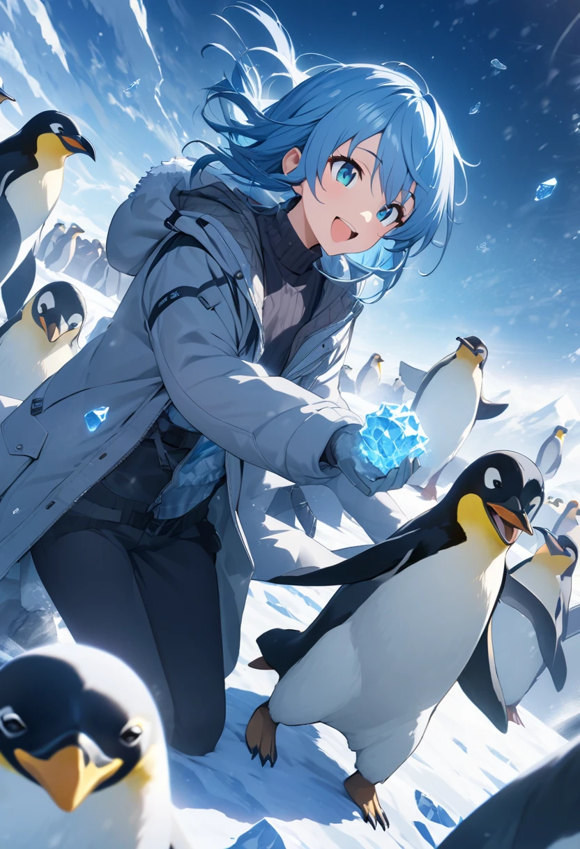 masterpiece, best quality, extremely detailed CG unity 8k wallpaper, Cool atmosphere、Throwing ice balls on drift ice、Blue Hair、18-year-old、Surrounded by penguins、All smiles、Cold wind blows、