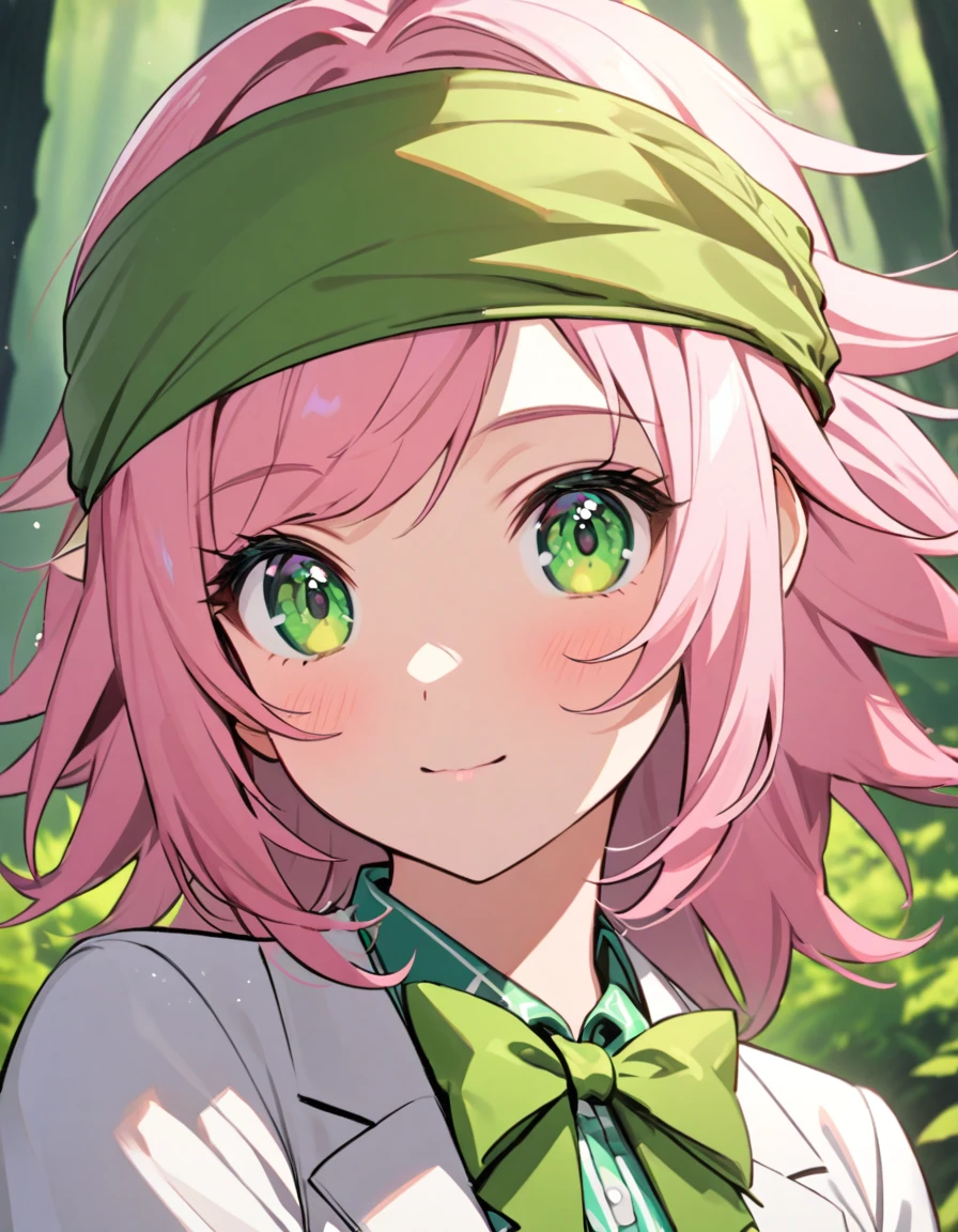 " girl with short spiky pink hair and vibrant green eyes,Sun-kissed skin, athletic build.white skirt, white blazer,green bow tie,leather bracelet, a bandana on her head,Lively and adventurous expression,portrait ,half body,cute green forest spirit,