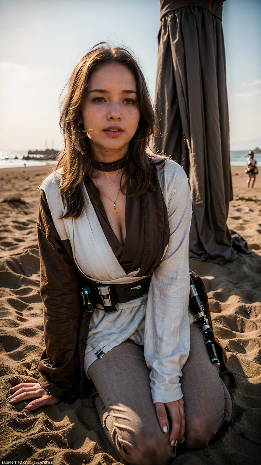 ((masterpiece), (solo character), (photorealistic:1.4), ),(best quality), (jennlaw), (epiCRealLife), (Jennifer Lawrence in jedioutfit), (Jennifer Lawrence big breasts), (Jennifer lawarence show cleavage), (lora:epiCFlashPhoto),(flashphoto), (flash photography),((Star Wars outdoor), (star wars desert), (kneel on the sand),(Jennifer Lawrence wearing Jedi boots) (look at viewers), (at night), (night time), (close up), (lying on the sand), (photoshoto), (Star wars theme)