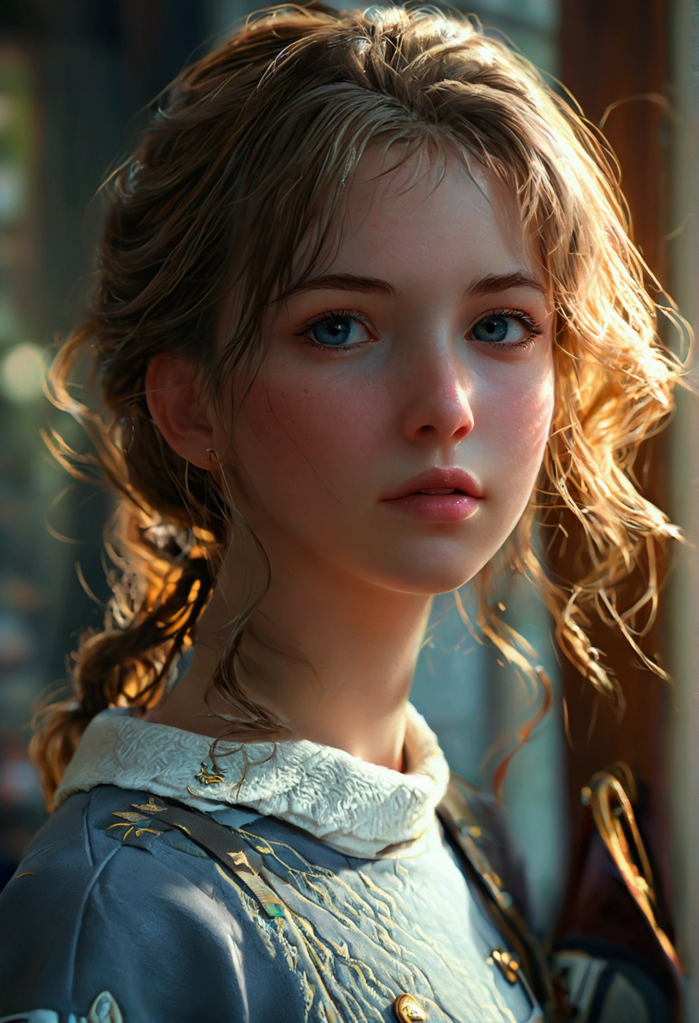 Girl, photorealism, dynamic lighting, artstation, poster, volumetric lighting, very detailed faces, (official uniform: 1.4), long hair, Mamelons mammaires montrant, sweater, delicate collarbone, bare shoulders, full breasts