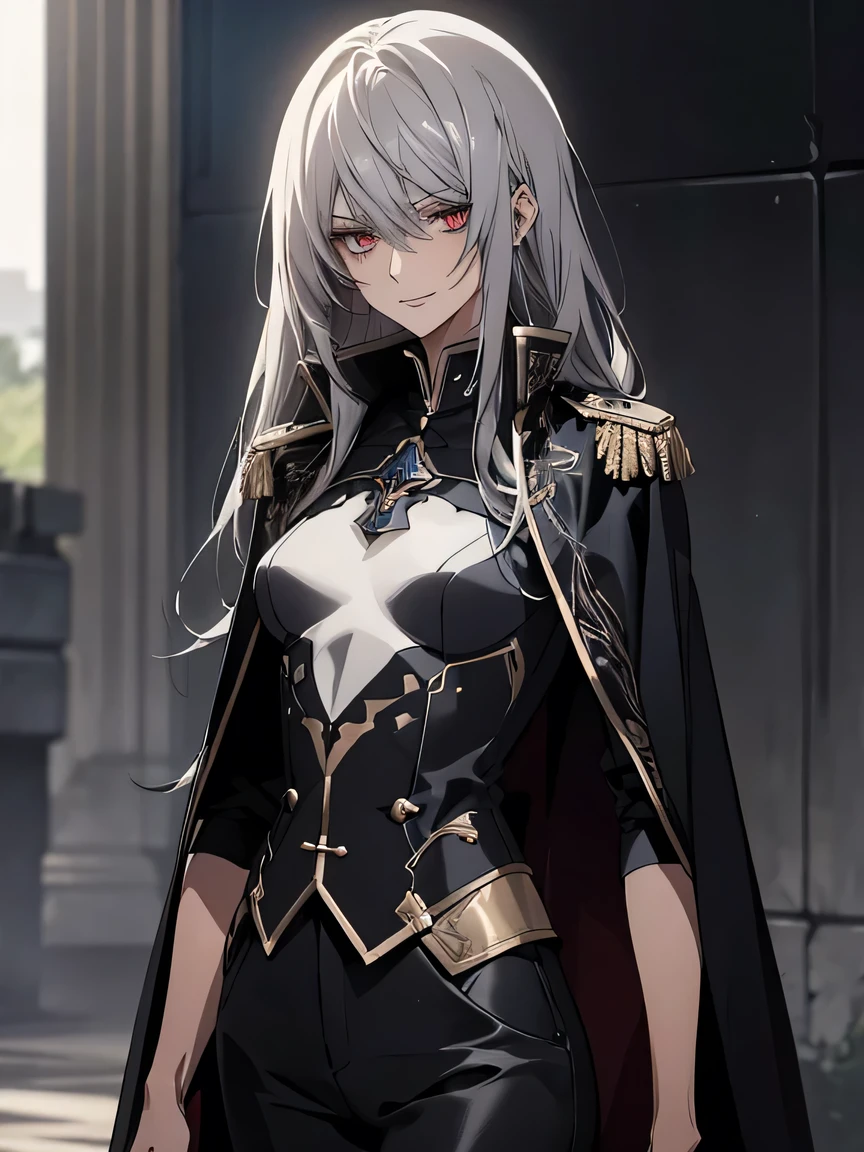 (Confused, High resolution, Very detailed), 1 female, Silver Hair,Long Hair,Crimson Eyes,Blue and black military uniform,24th generation,beauty,mature,thin,quiet,Calm,A small smile,Long Cape,Slender and thin,,skinny pants,grassland,Small breasts,